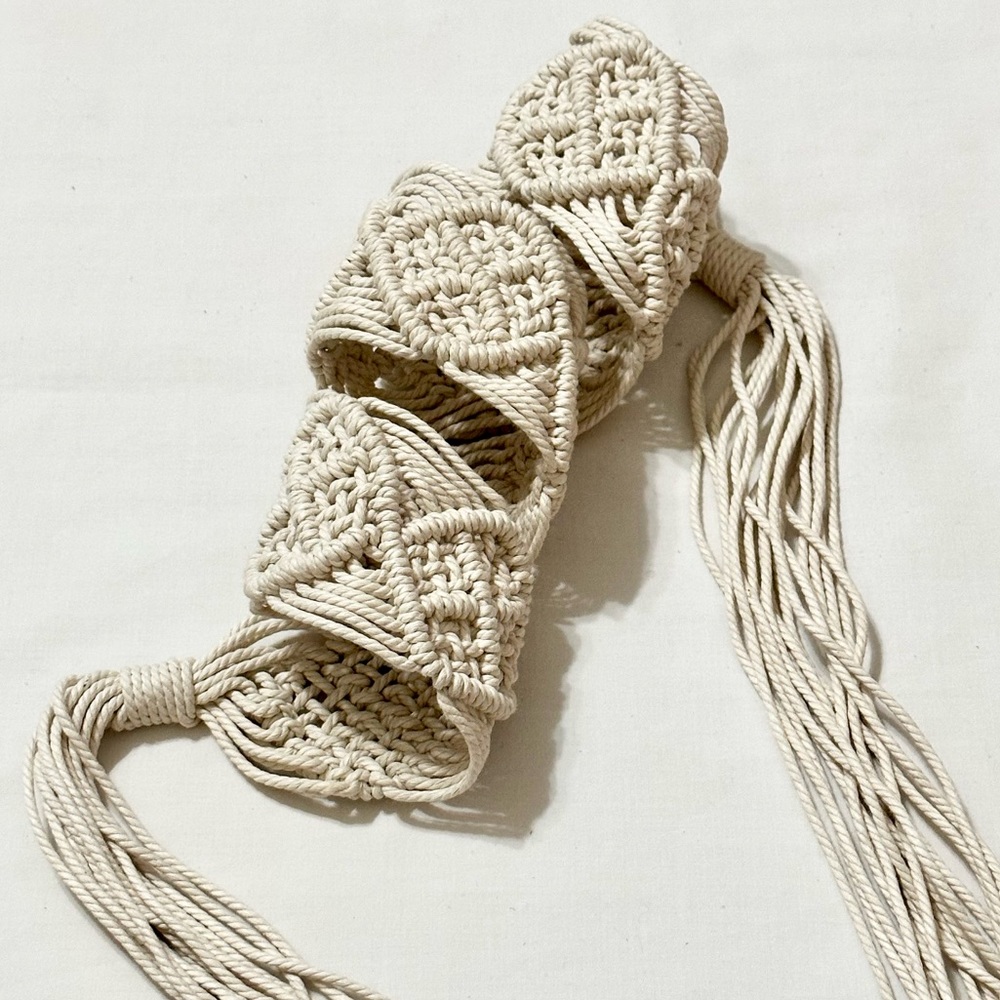 Vintage 90’s Wide Woven Rope Belt, Cream Macrame Adjustable Belt with Long Ties